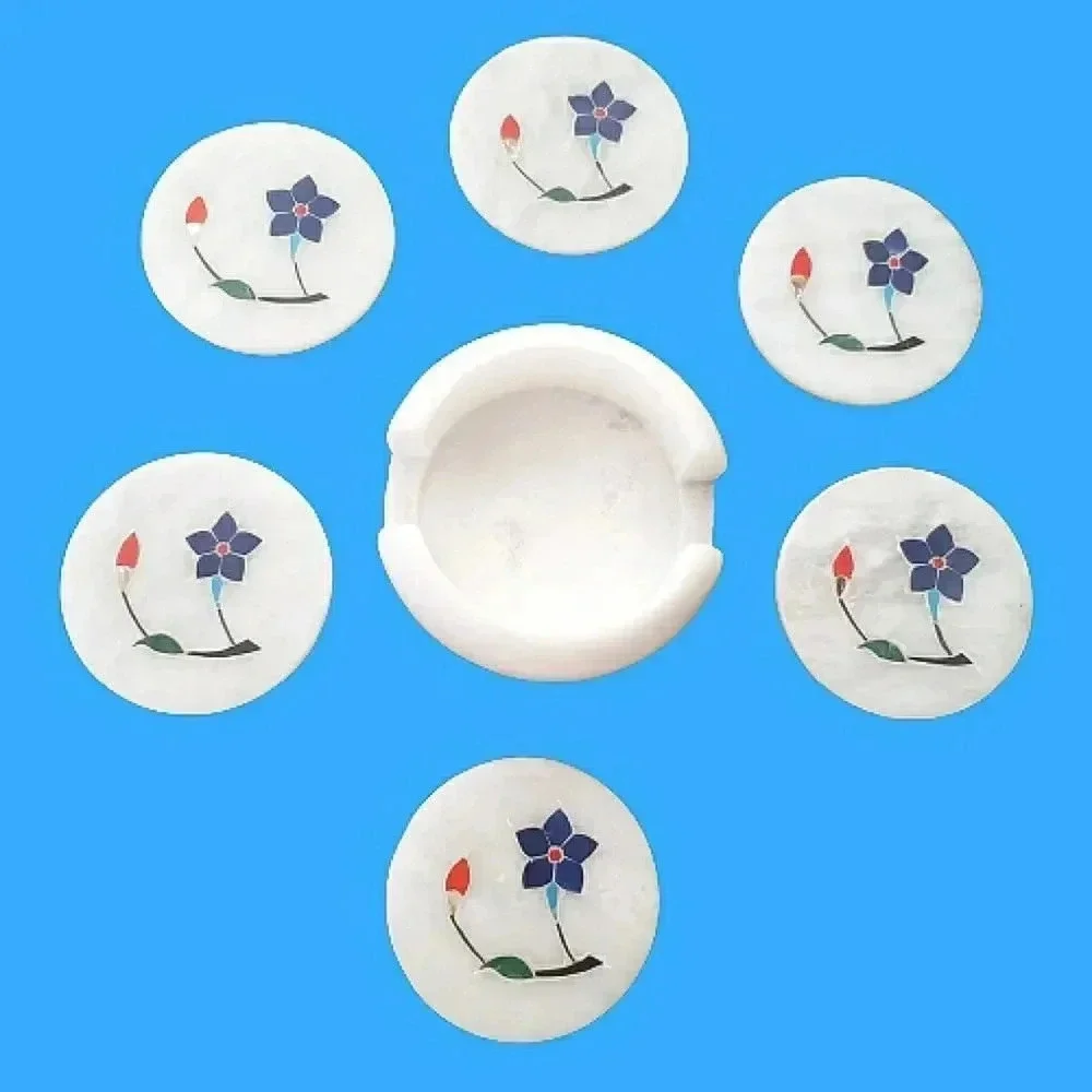 Handmade Marble Pretious Stone Inlay Coaster Set